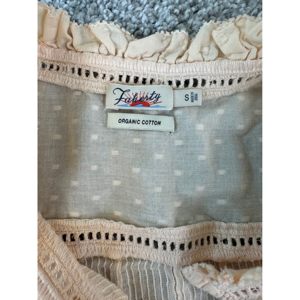 Faherty Organic Cotton Ruffle Blouse Sz S Peach Victorian Pintuck Lace Coquette - Picture 7 of 10